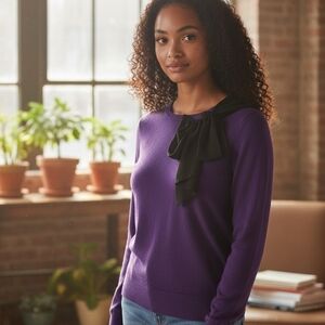 LOFT Purple Crew Neck Sweater with Black Bow